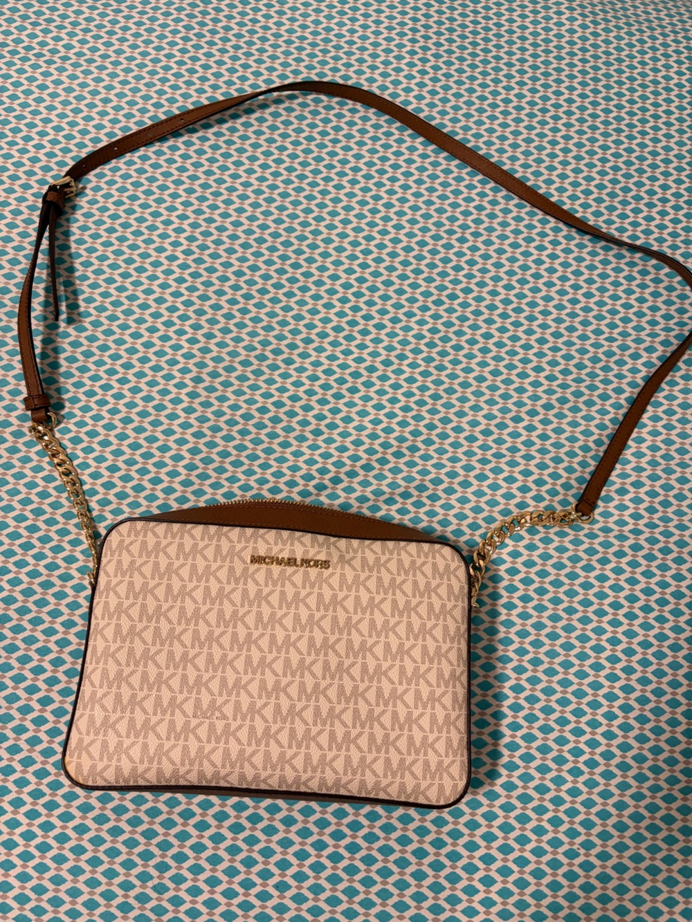 Michael Kors Cream MK Logo Crossbody with Brown Trim